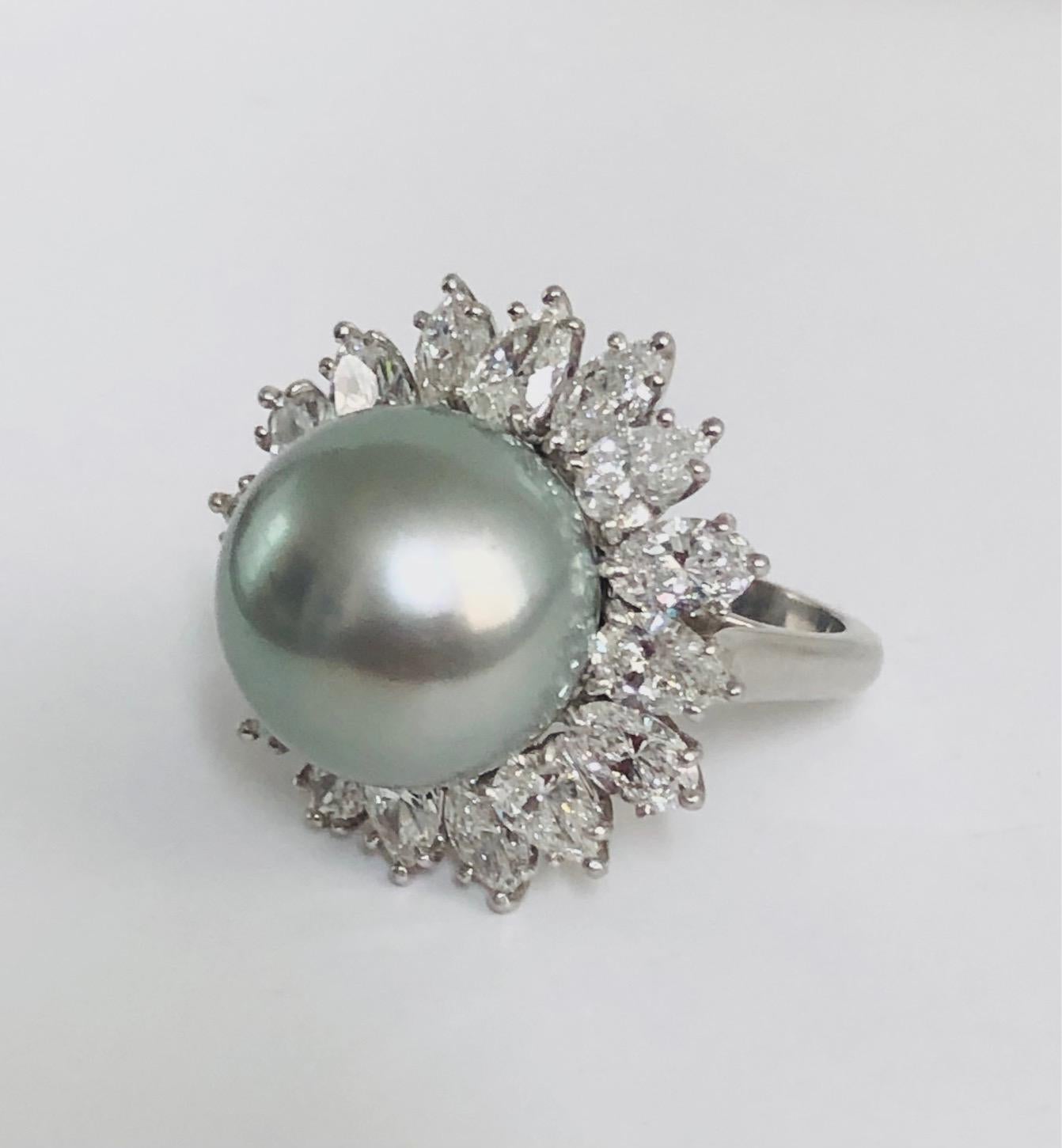 Platinum Diamond and 13.4mm Tahitian Pearl Ring For Sale 4