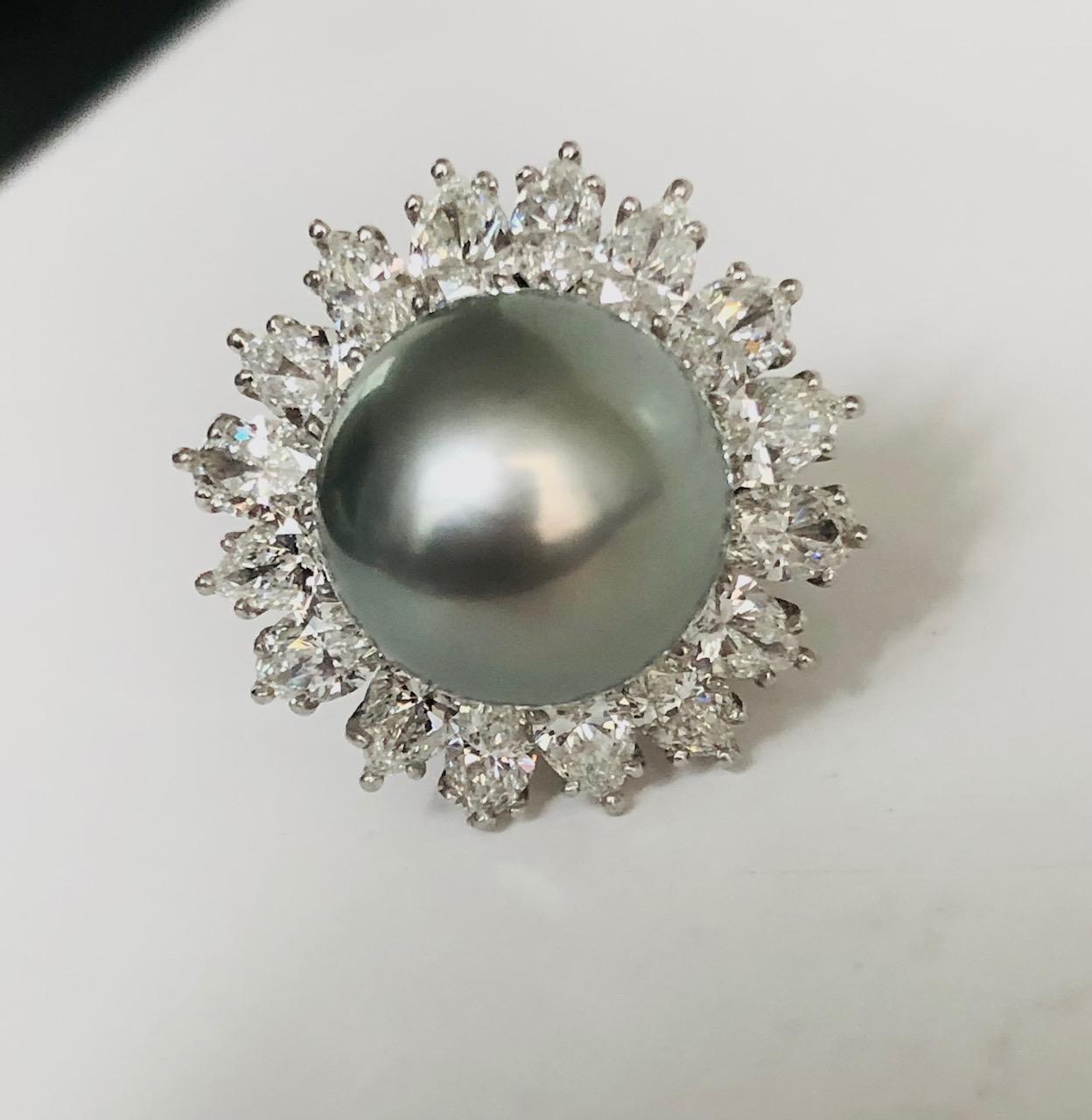 Contemporary Platinum Diamond and 13.4mm Tahitian Pearl Ring For Sale