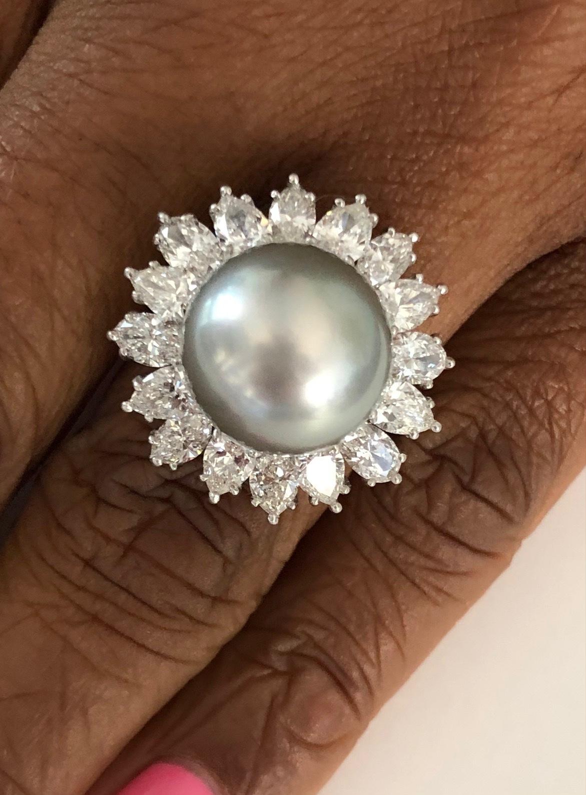 Round Cut Platinum Diamond and 13.4mm Tahitian Pearl Ring For Sale