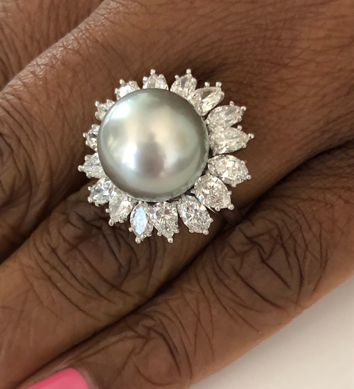 Women's Platinum Diamond and 13.4mm Tahitian Pearl Ring For Sale