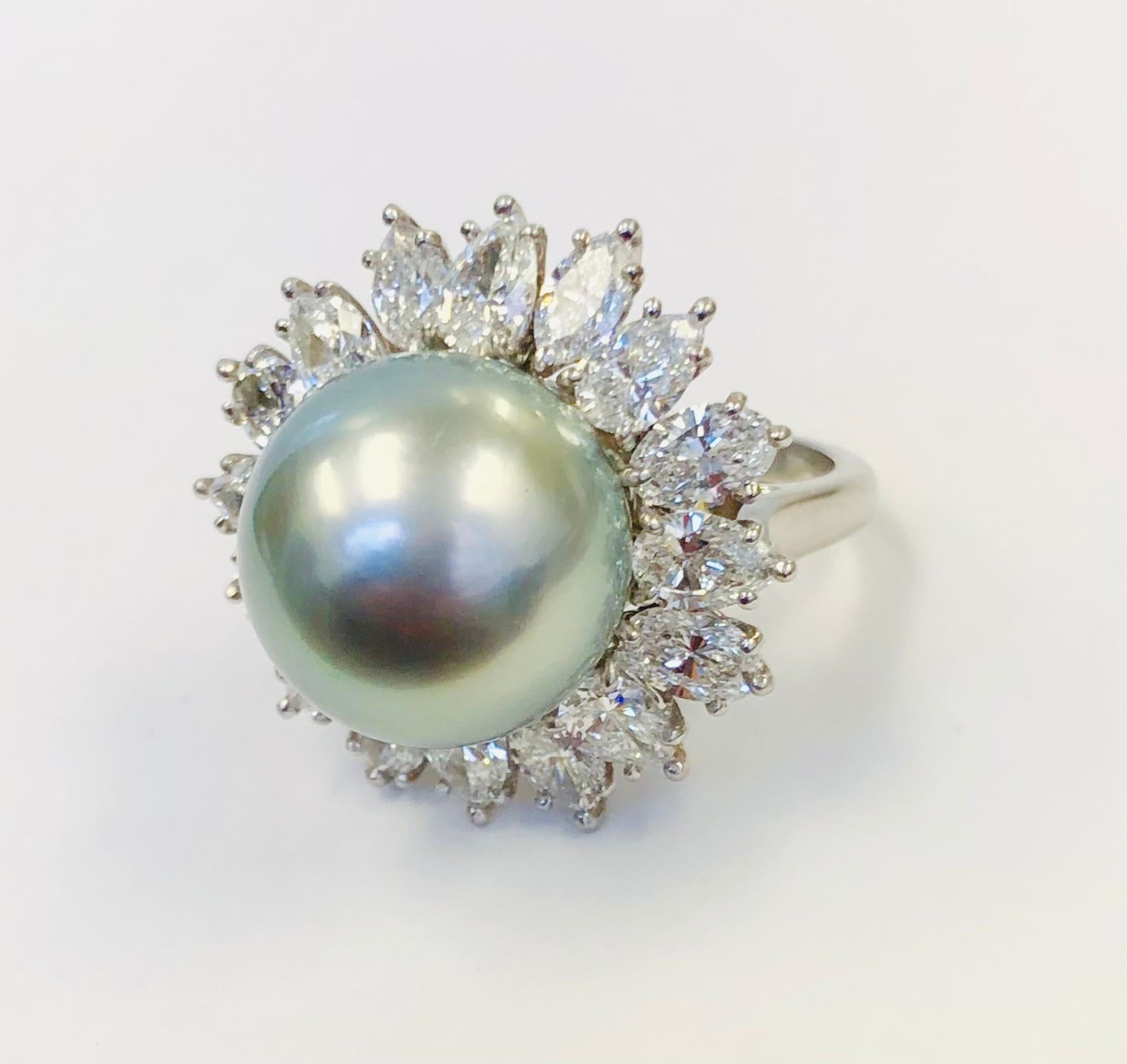 Platinum Diamond and 13.4mm Tahitian Pearl Ring For Sale 1