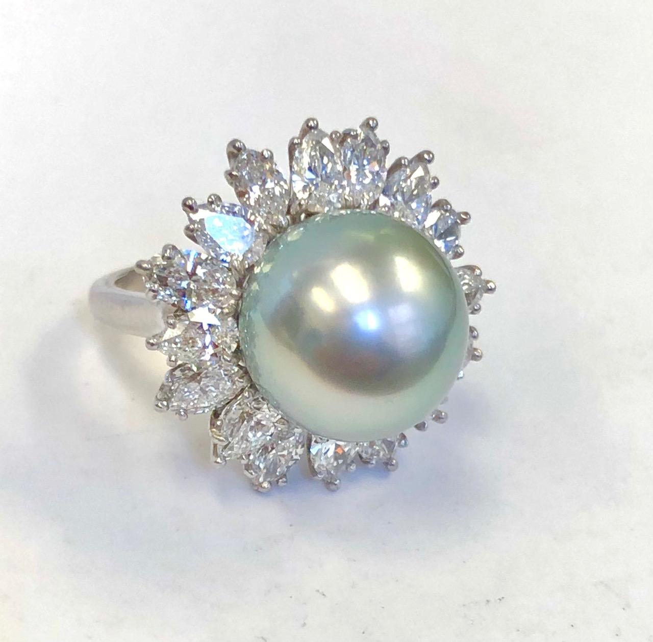 Platinum Diamond and 13.4mm Tahitian Pearl Ring For Sale 3