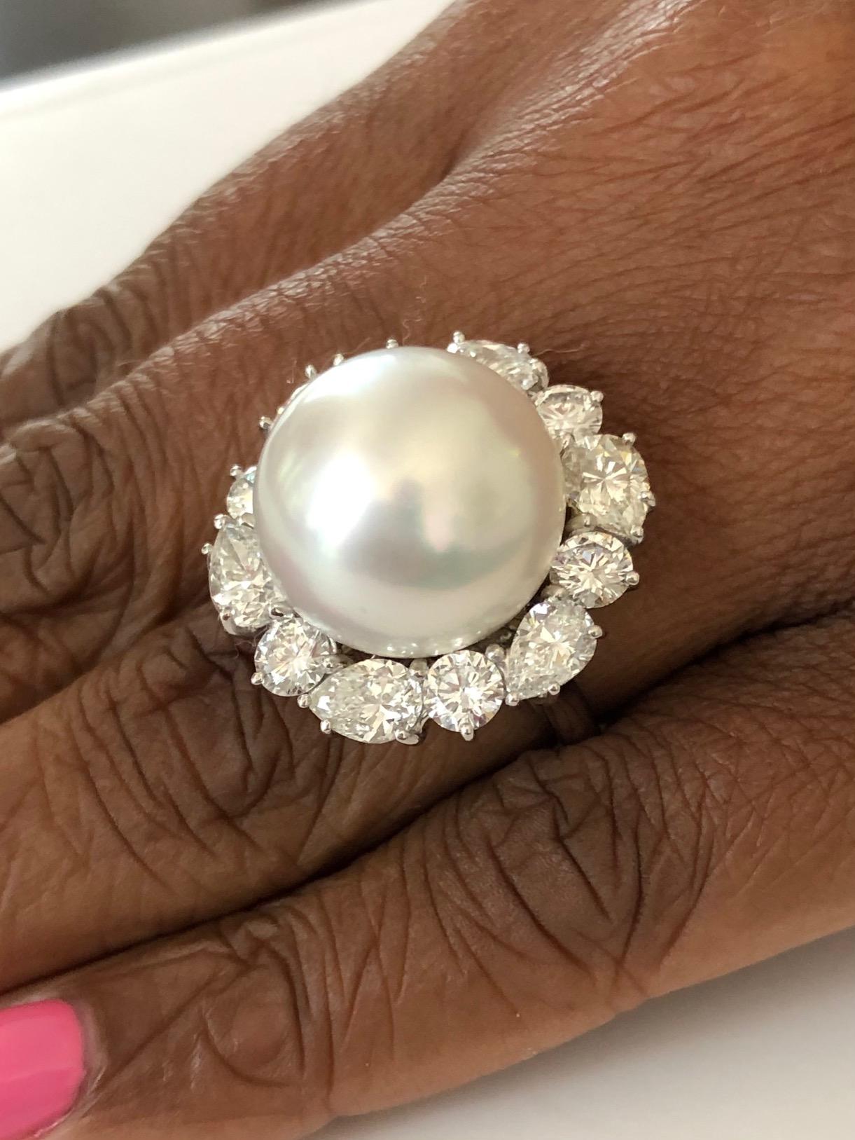 Contemporary Platinum Diamond and 16.2mm South Sea Pearl Ring For Sale