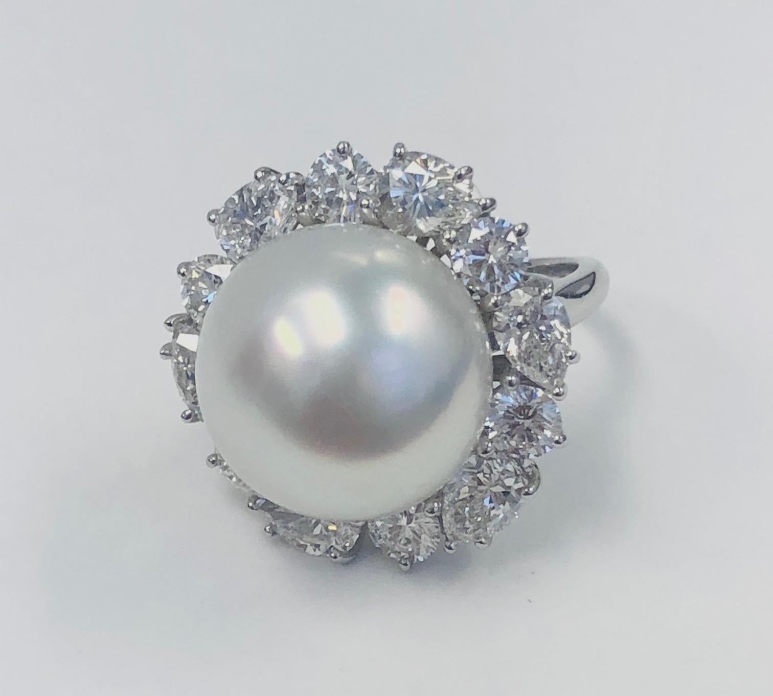 Pear Cut Platinum Diamond and 16.2mm South Sea Pearl Ring For Sale