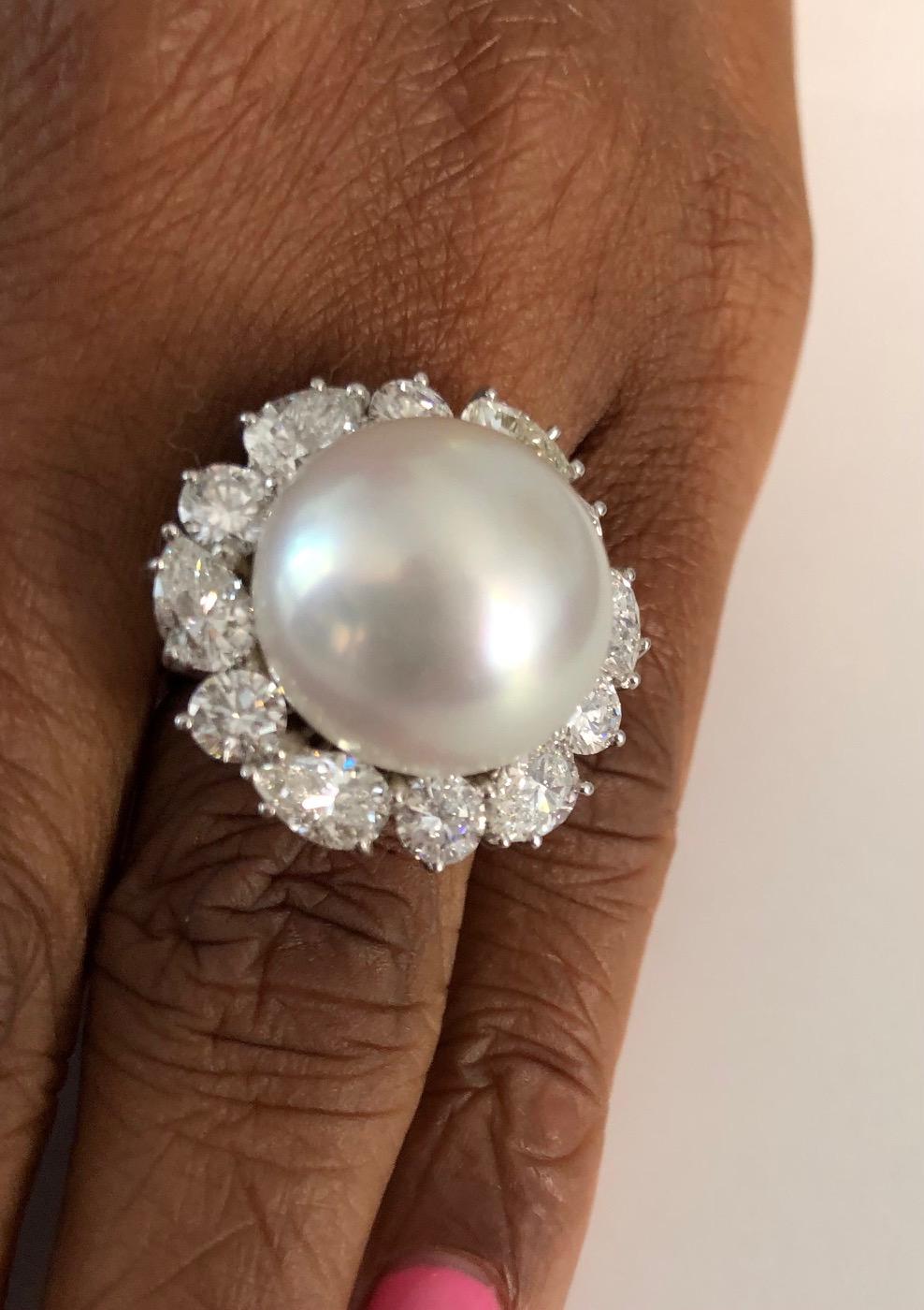 Platinum Diamond and 16.2mm South Sea Pearl Ring In New Condition For Sale In New York, NY