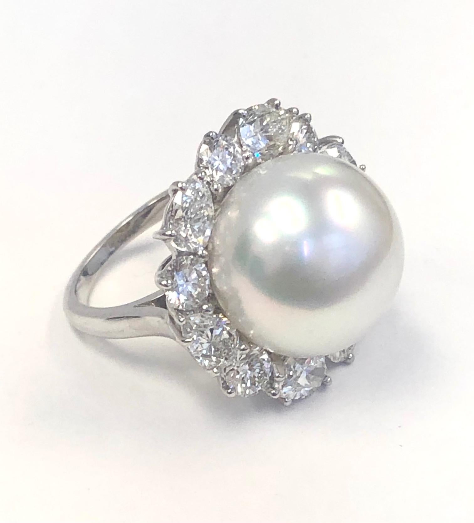 Women's Platinum Diamond and 16.2mm South Sea Pearl Ring For Sale