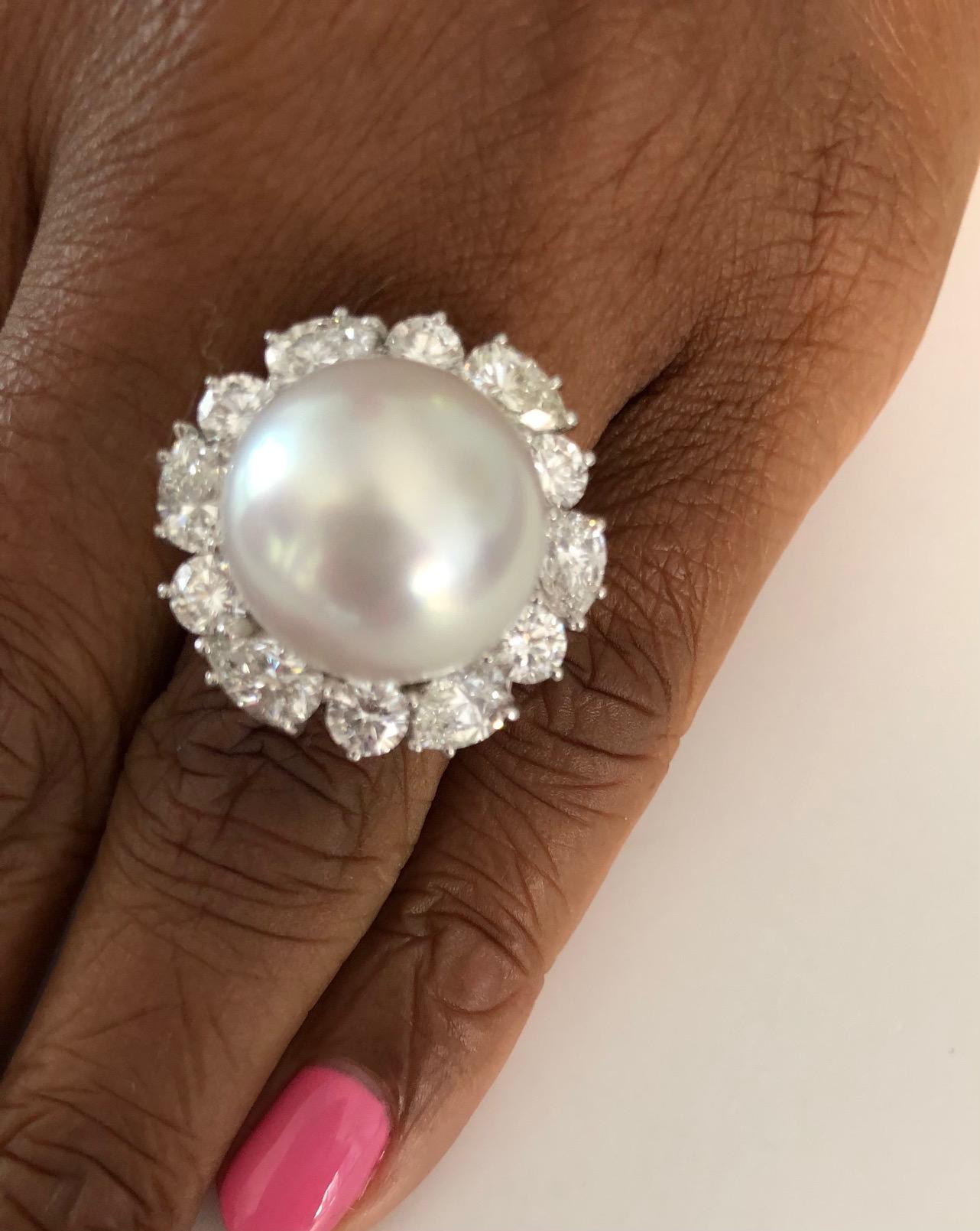 Platinum Diamond and 16.2mm South Sea Pearl Ring For Sale 1
