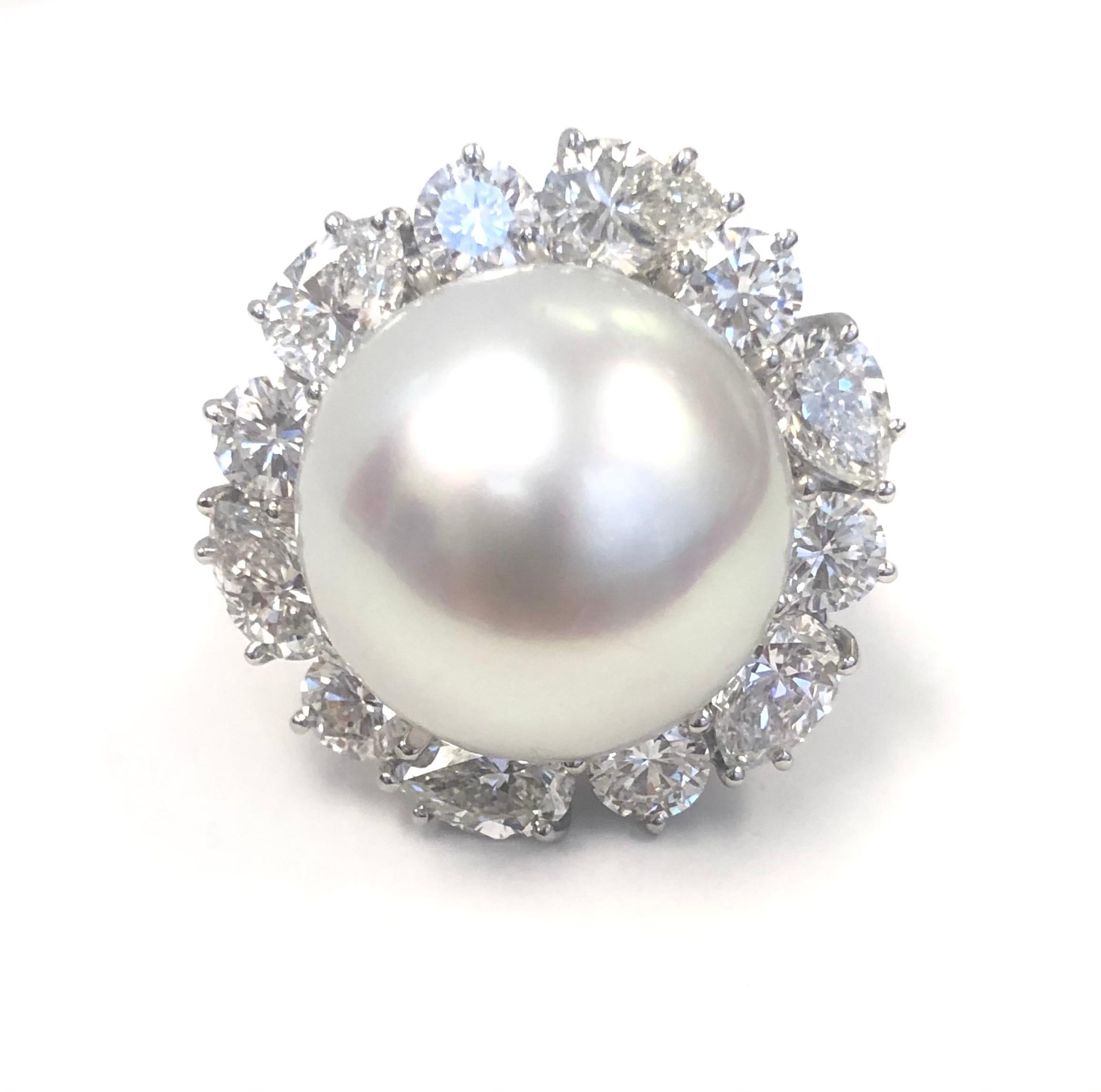 Platinum Diamond and 16.2mm South Sea Pearl Ring For Sale 2