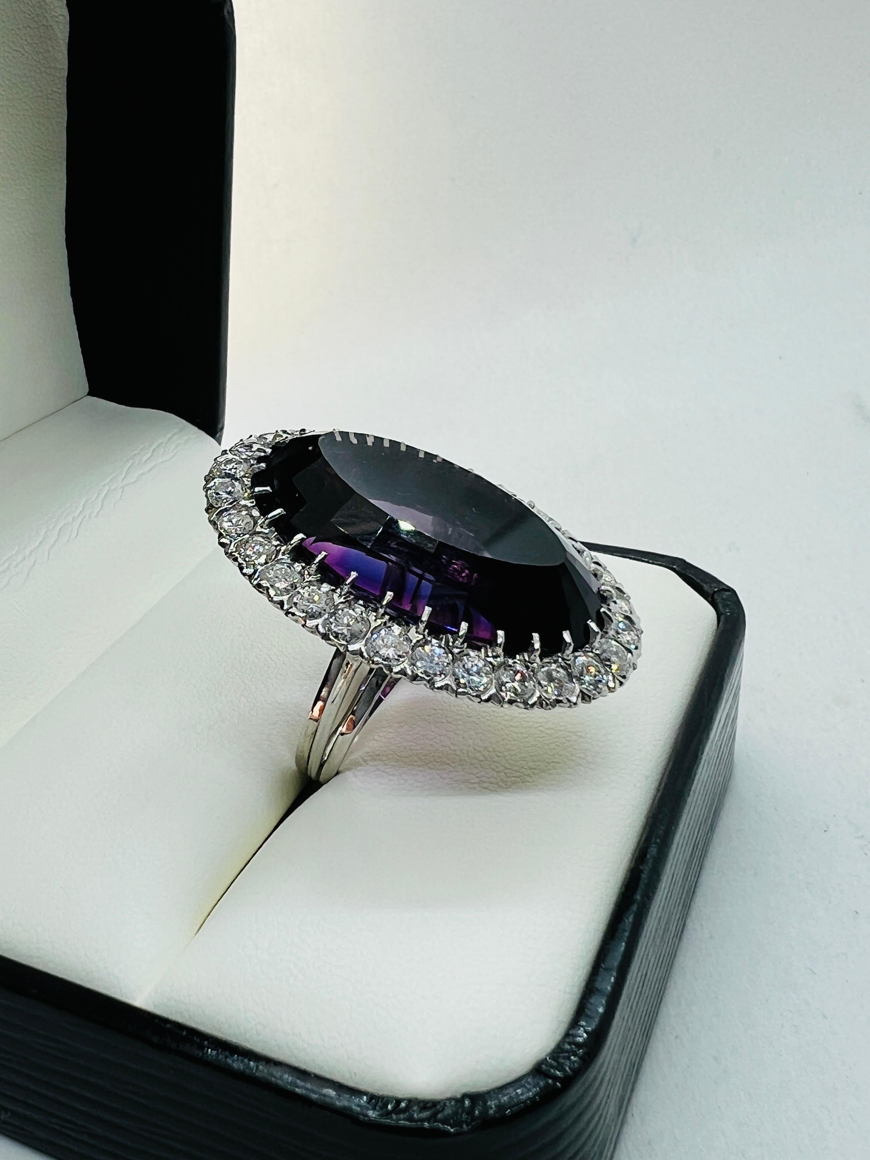 Contemporary Platinum, Diamond and 40 Carat Oval Amethyst Ladies Cocktail Ring Size 5.75 For Sale
