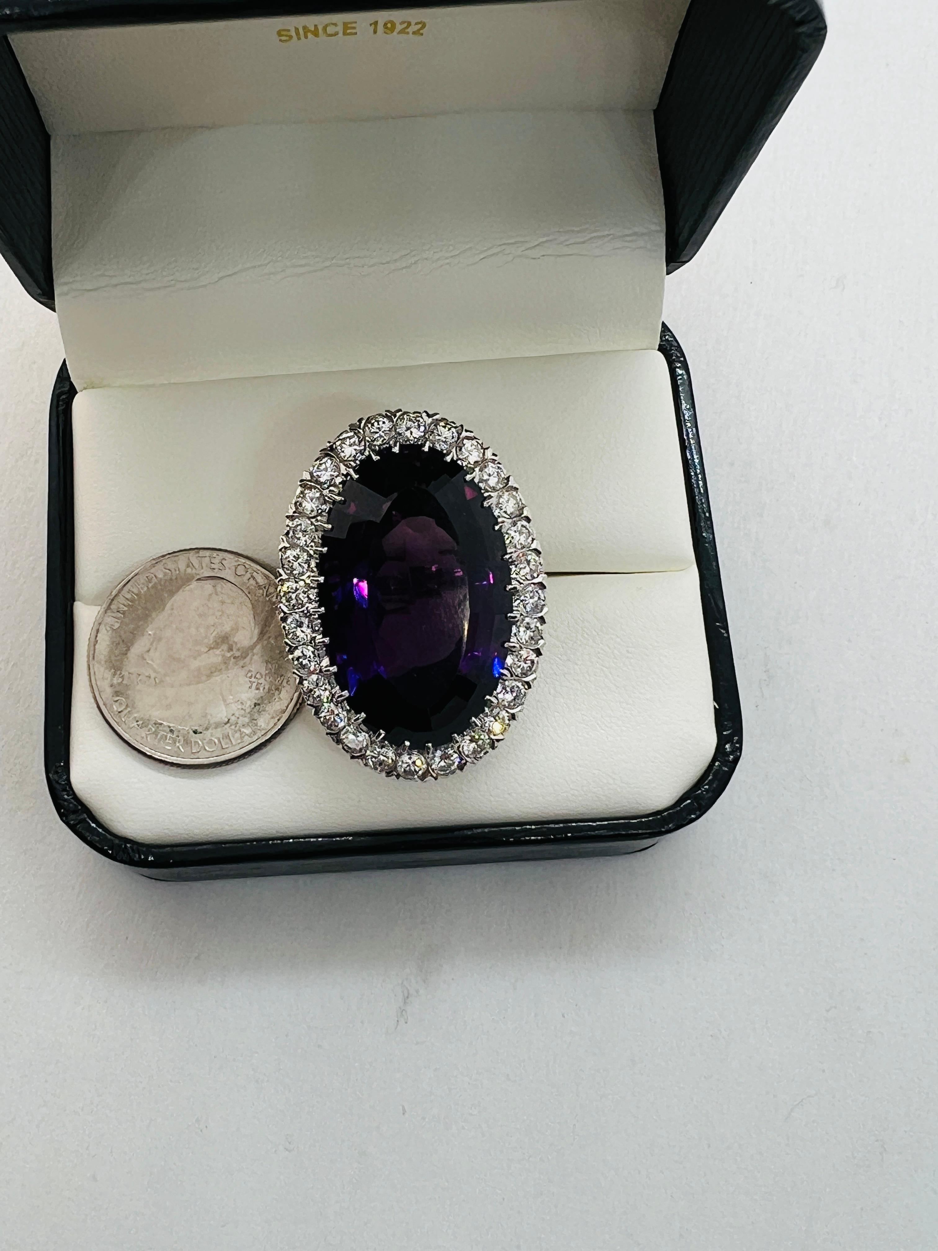 Oval Cut Platinum, Diamond and 40 Carat Oval Amethyst Ladies Cocktail Ring Size 5.75 For Sale