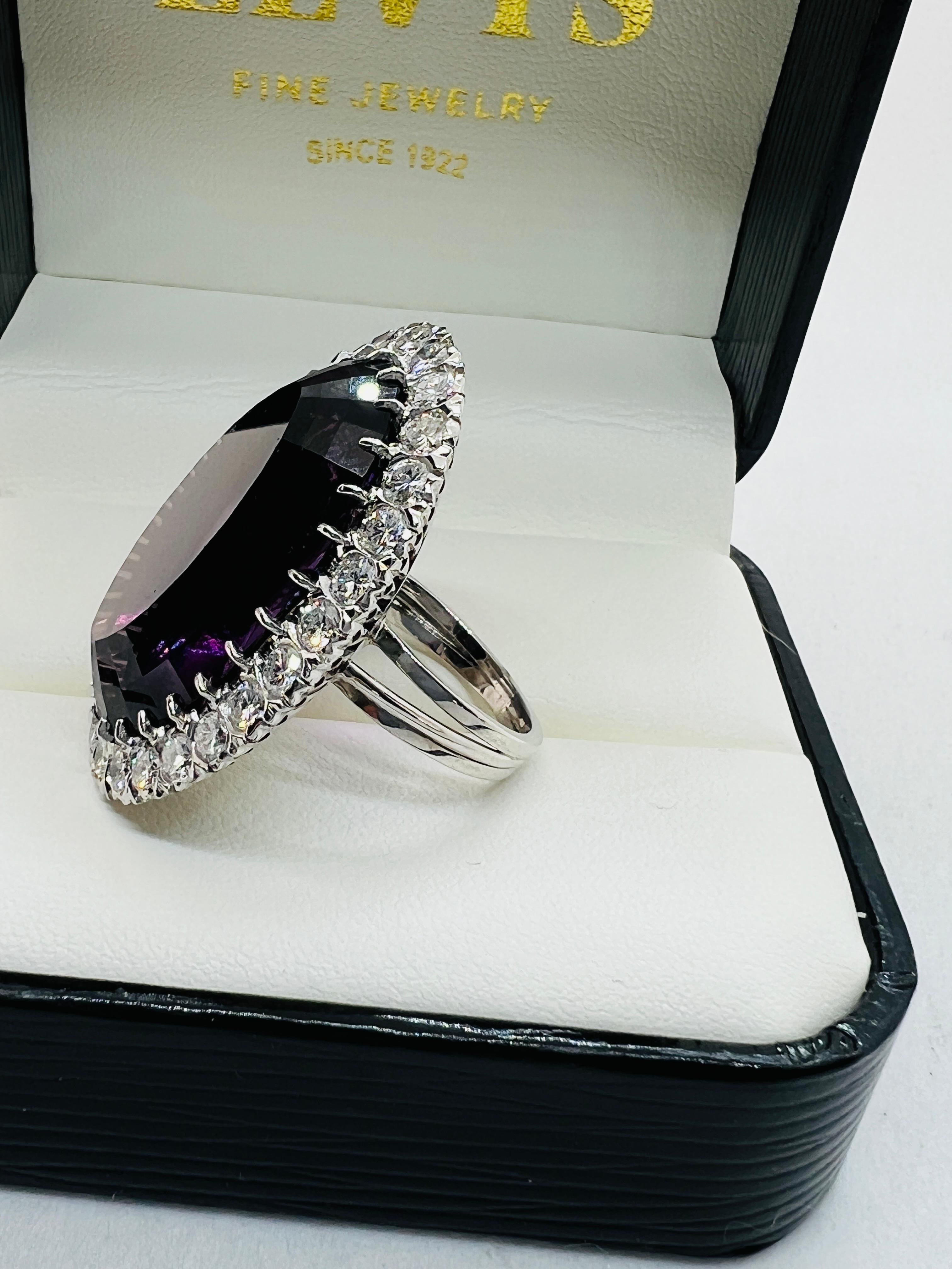 Platinum, Diamond and 40 Carat Oval Amethyst Ladies Cocktail Ring Size 5.75 For Sale 1