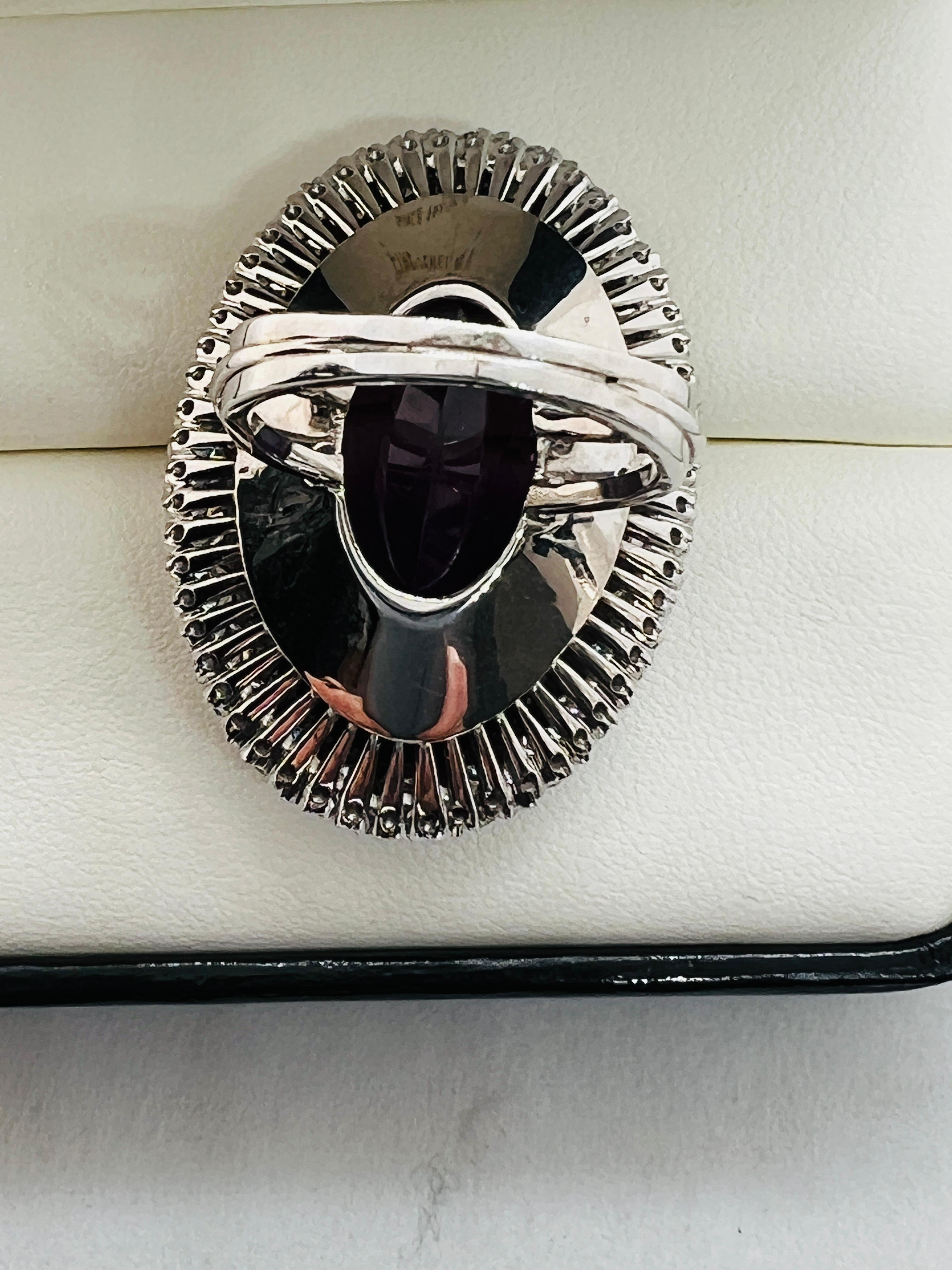 Platinum, Diamond and 40 Carat Oval Amethyst Ladies Cocktail Ring Size 5.75 For Sale 2
