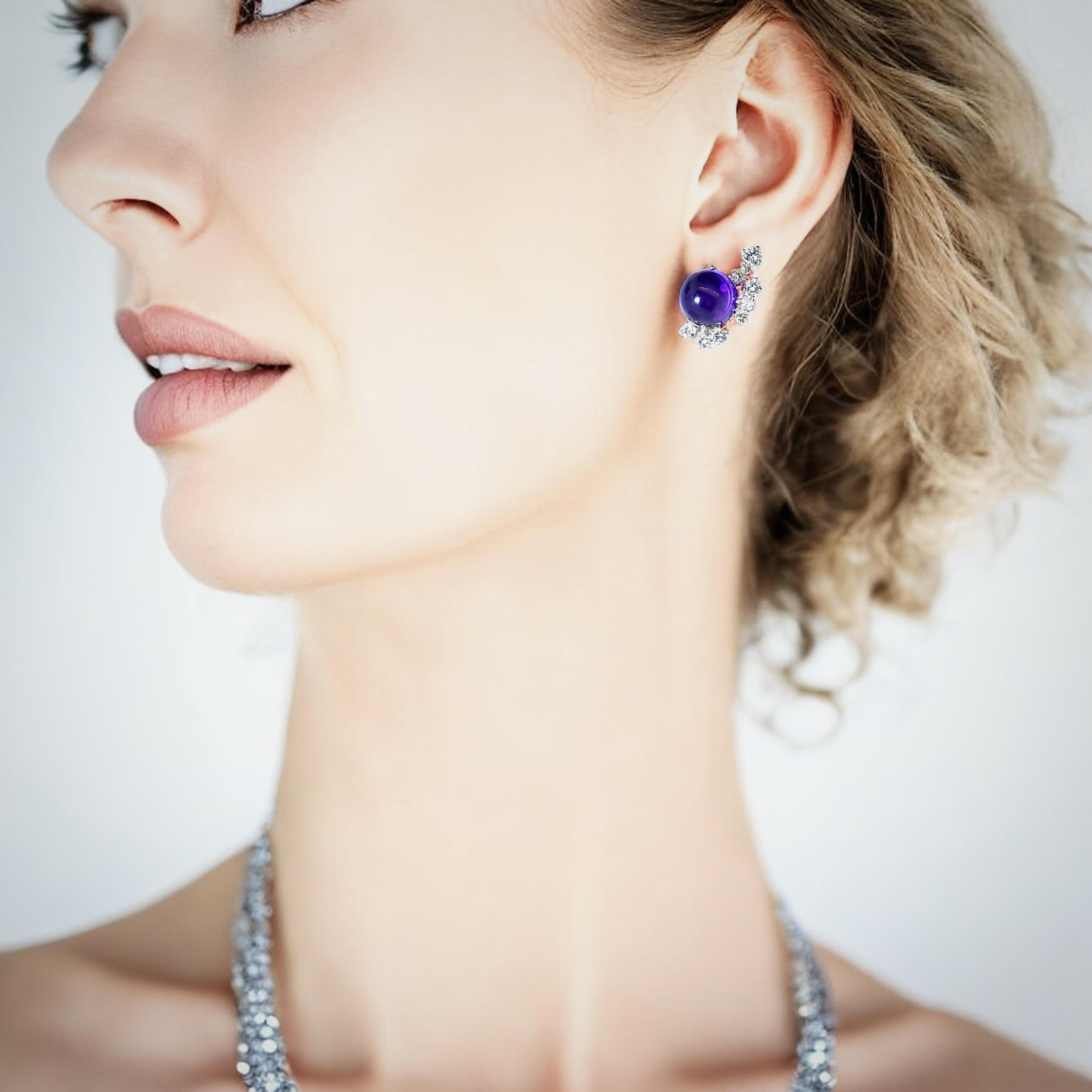 Cabochon Platinum, Diamond and Amethyst Earrings, c. 1990 For Sale