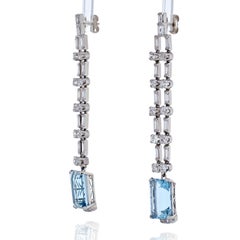 Platinum Diamond and Aquamarine Cascade Dangling Earrings