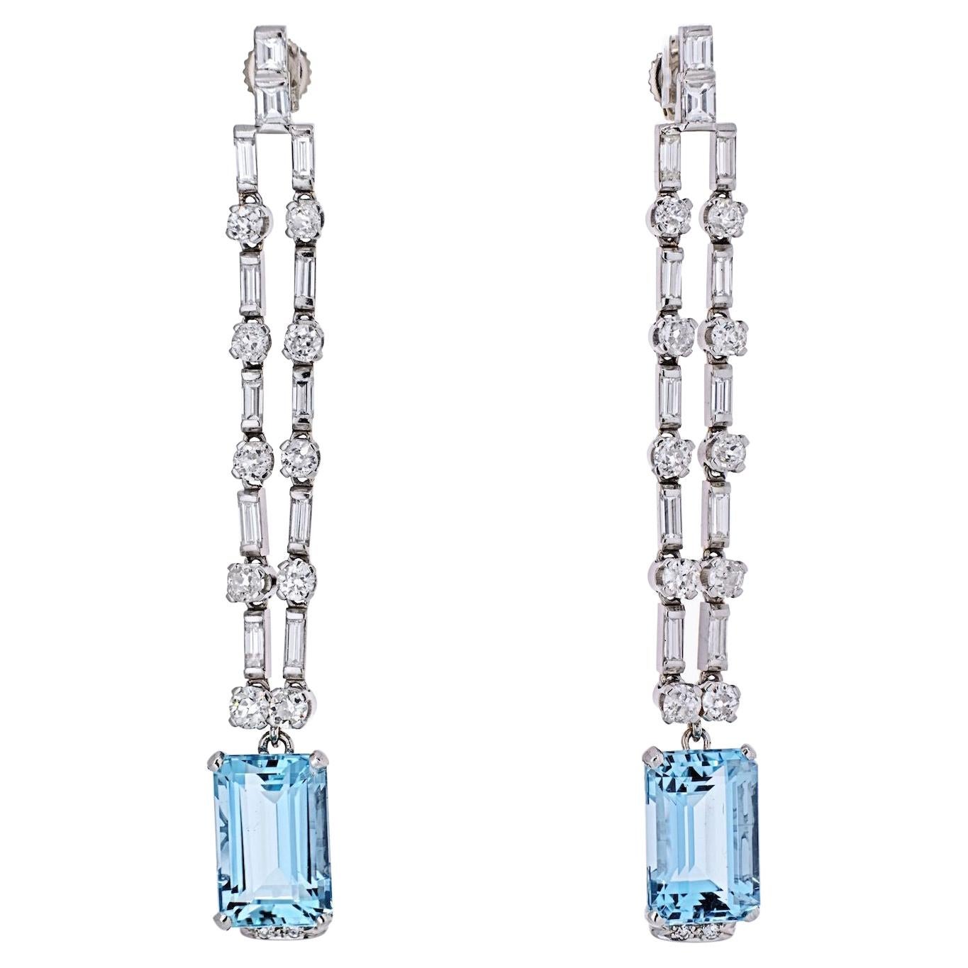 Platinum Diamond and Aquamarine Cascade Dangling Earrings