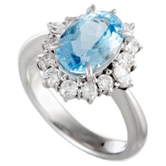 Platinum Diamond and Aquamarine Oval Ring