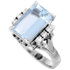 Platinum Diamond and Aquamarine Rectangle Ring Platinum Diamond and Aquamarine Rectangle Ring