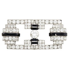 Platinum Diamond and Black Enamel Brooch