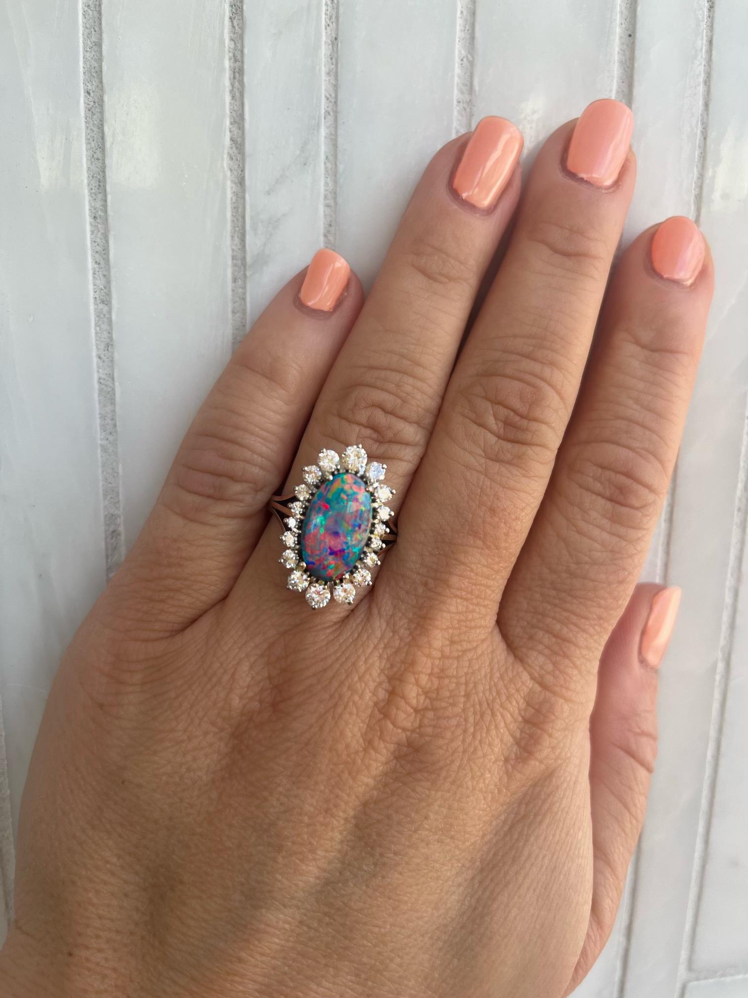 Women's Platinum Diamond and Black Opal Ring For Sale