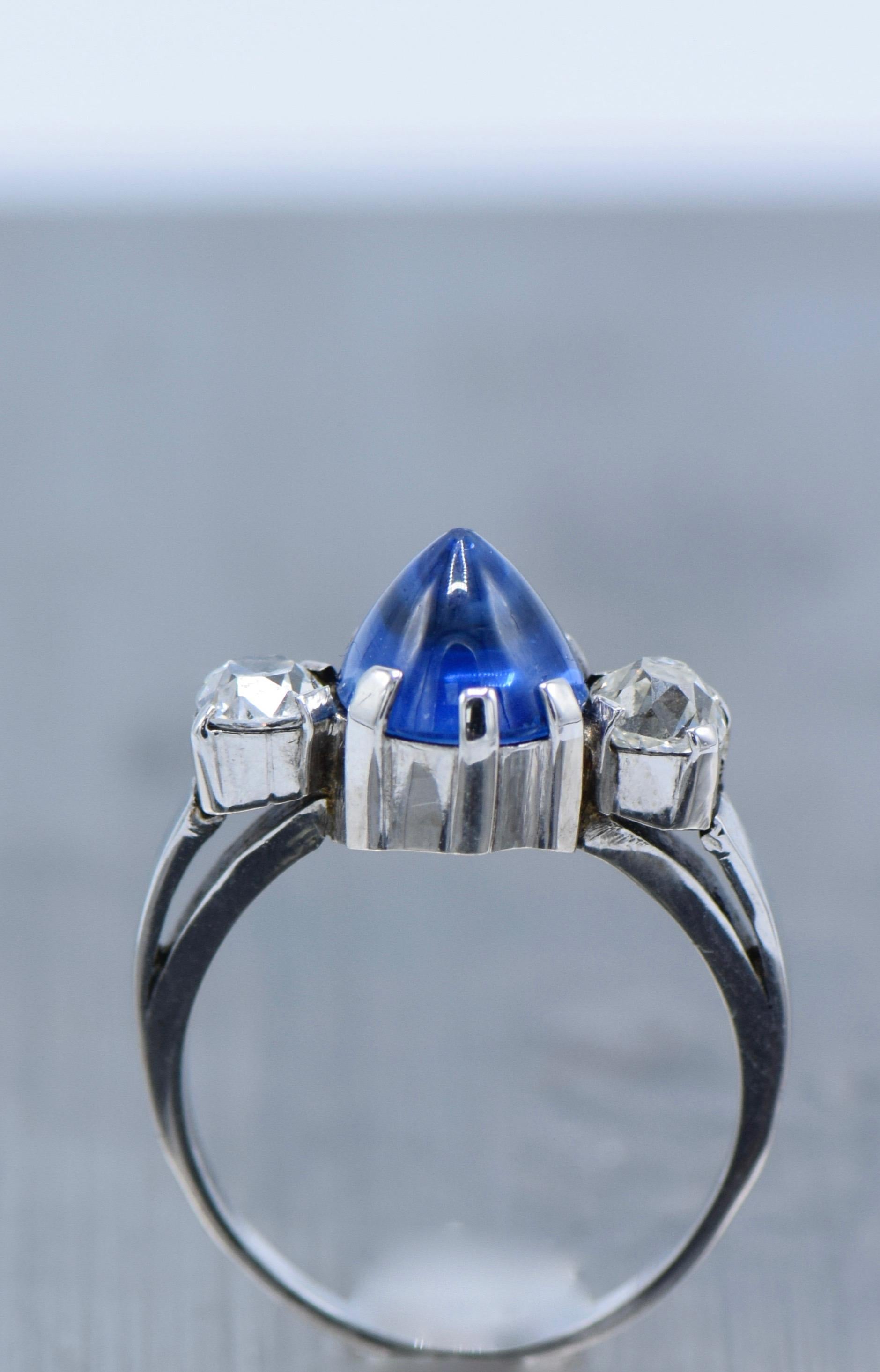 Art Deco Platinum, Diamond and Blue Cabochon Sapphire Ring For Sale