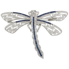 Platinum Diamond and Blue Sapphire Dragon Fly Brooch