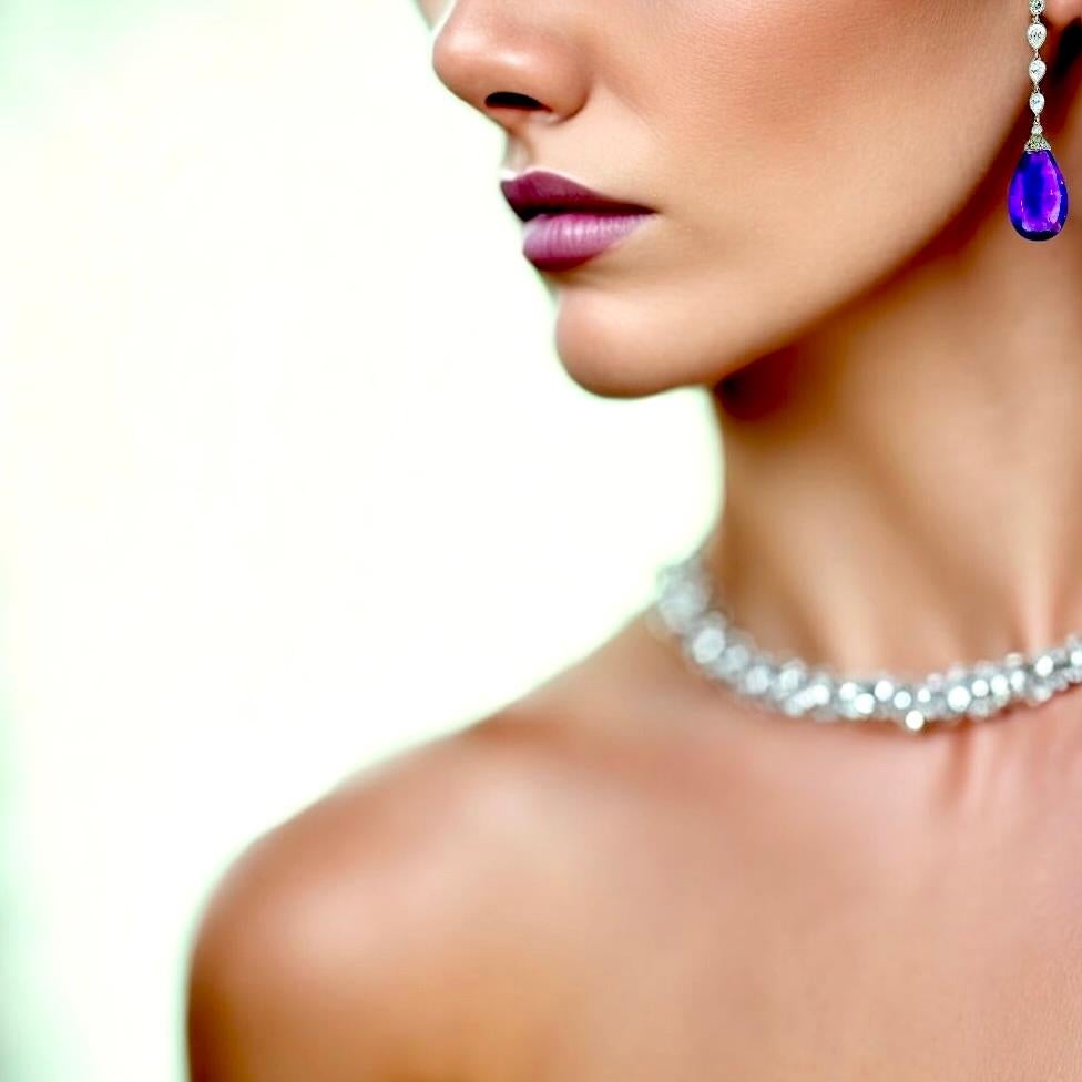Briolette Cut Platinum, Diamond and Briolette cut Amethyst Earrings, Pierre/Famille. For Sale