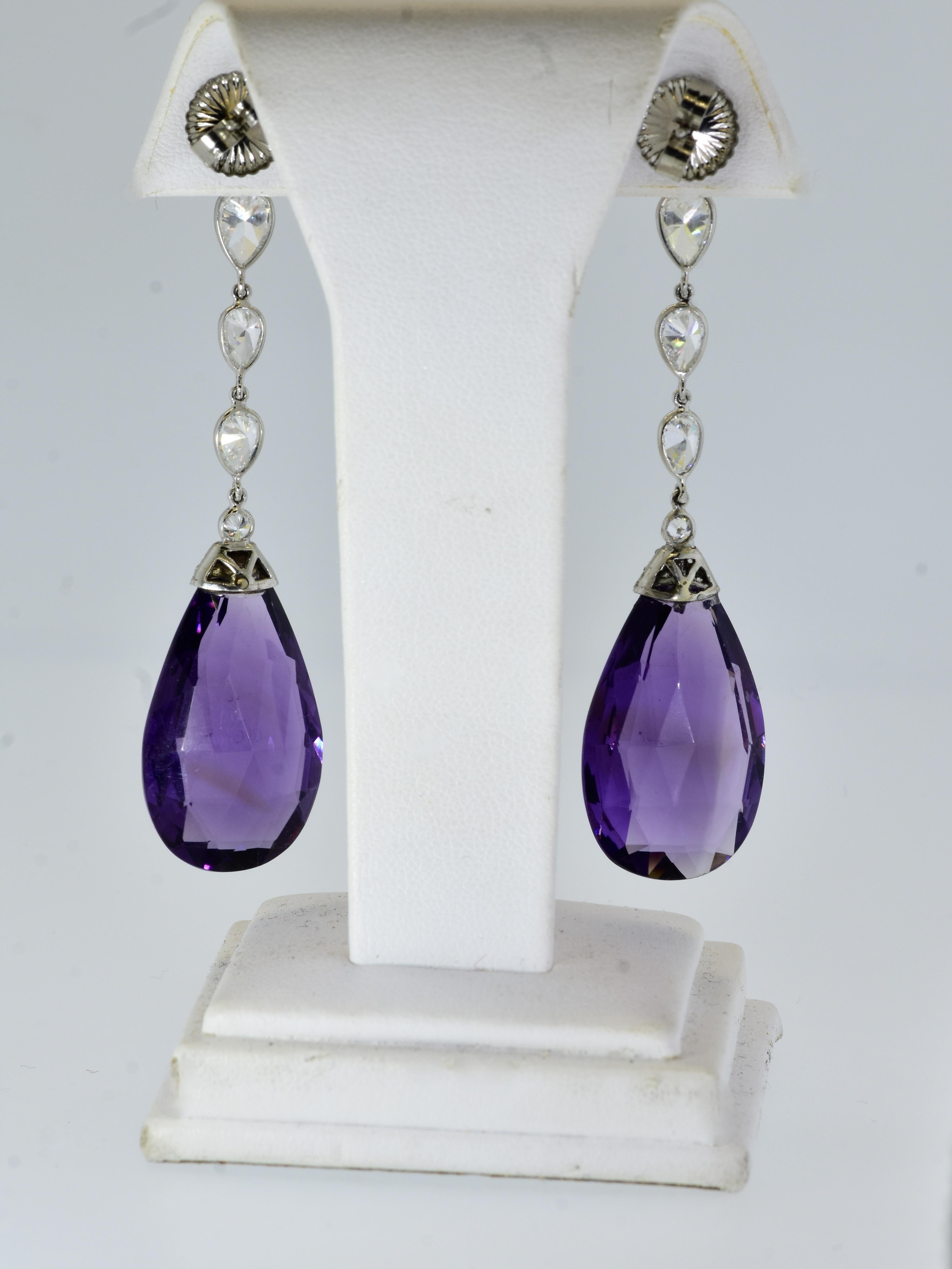 Women's or Men's Platinum, Diamond and Briolette cut Amethyst Earrings, Pierre/Famille. For Sale