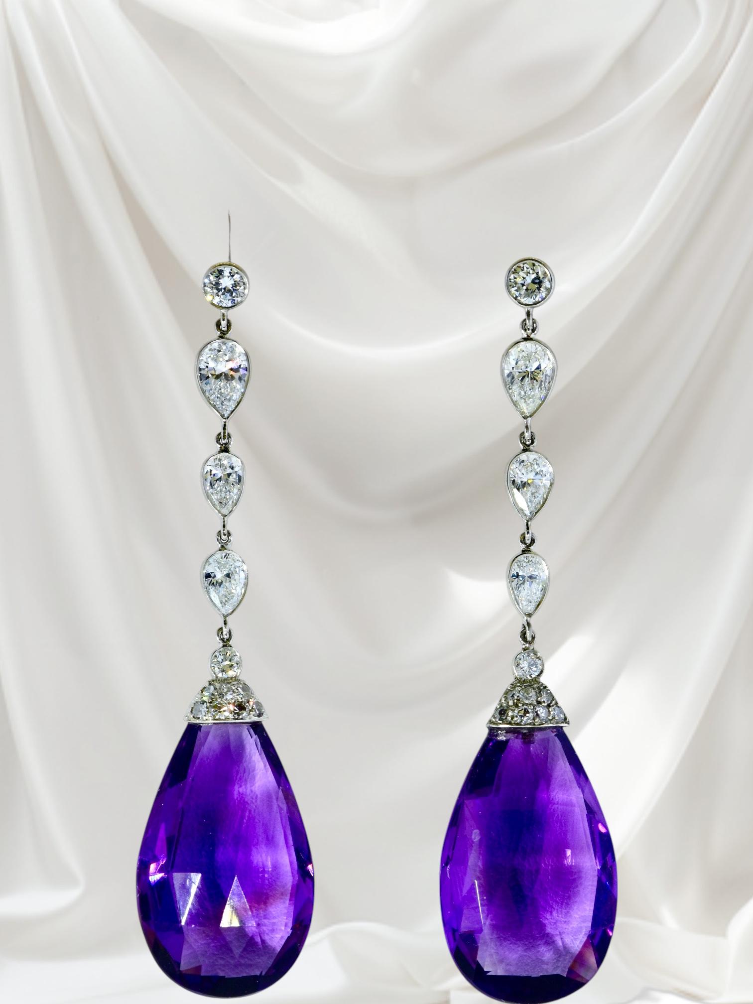 Platinum, Diamond and Briolette cut Amethyst Earrings, Pierre/Famille. For Sale