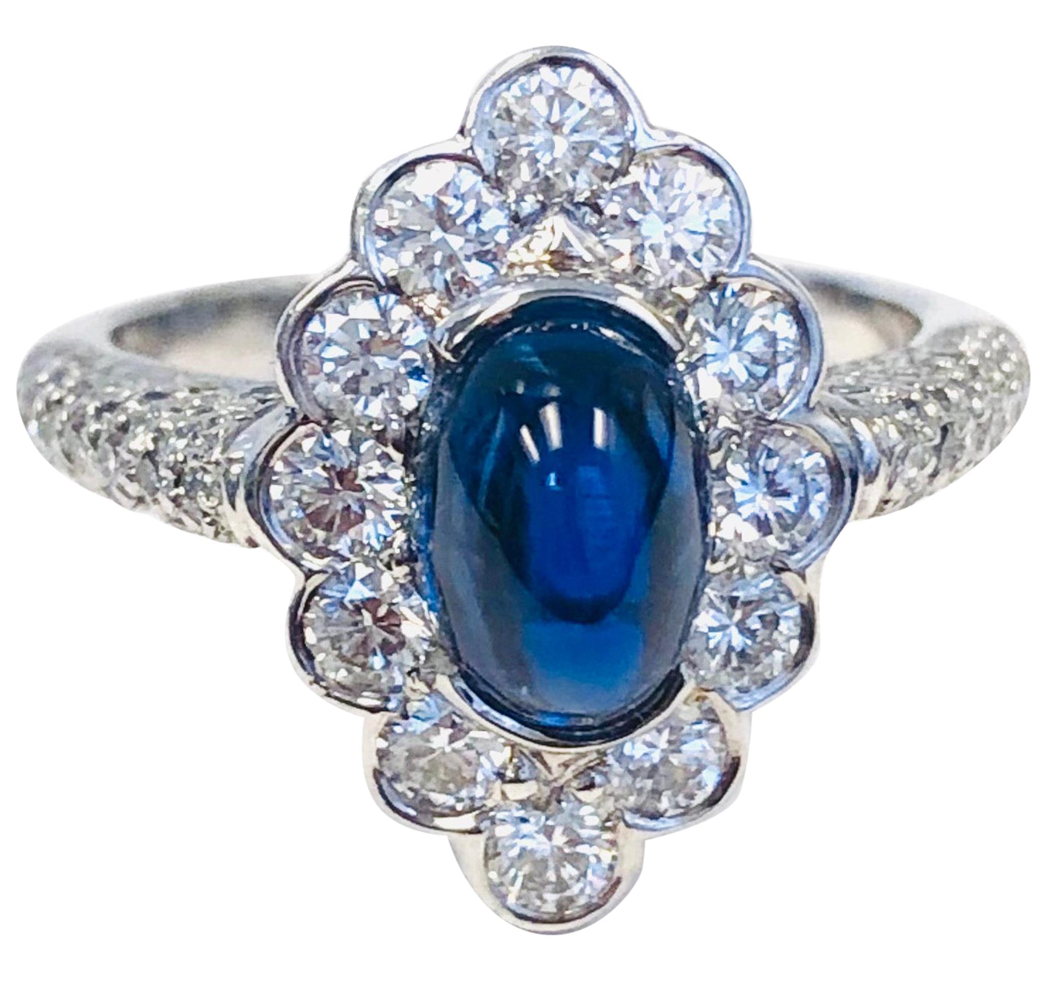 Platinum Diamond and 2.41 Carat Cabochon Sapphire  Ring For Sale