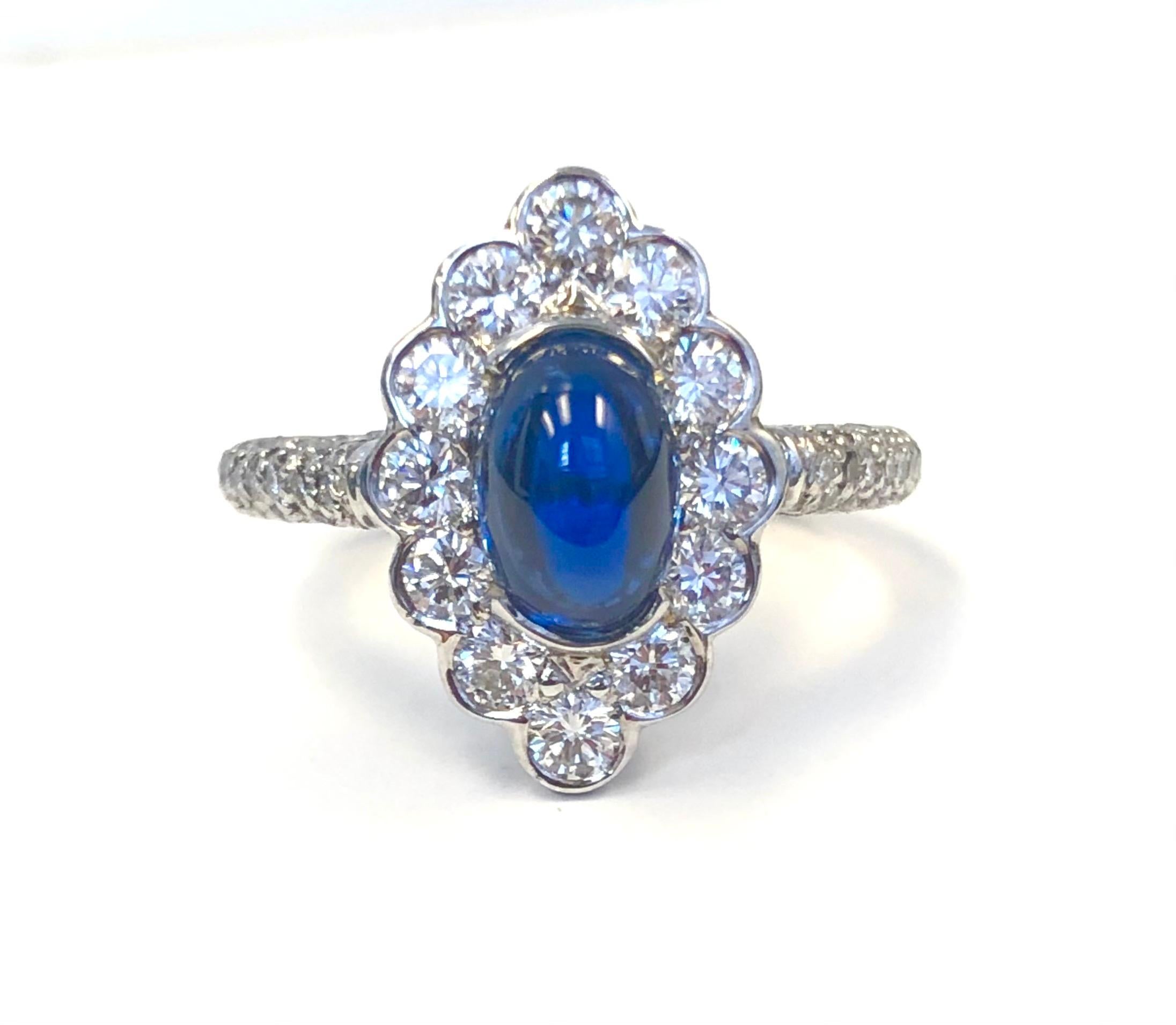 Contemporary Platinum Diamond and 2.41 Carat Cabochon Sapphire  Ring For Sale