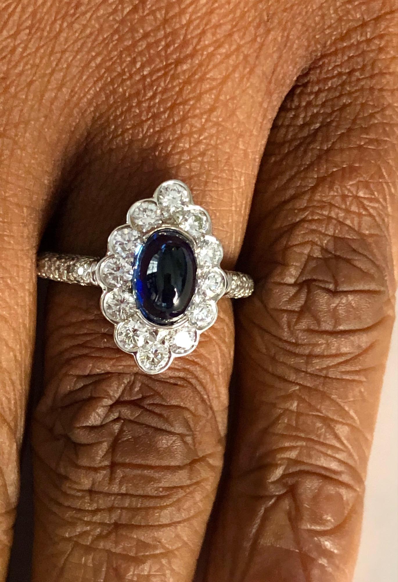 Platinum Diamond and 2.41 Carat Cabochon Sapphire  Ring In New Condition For Sale In New York, NY