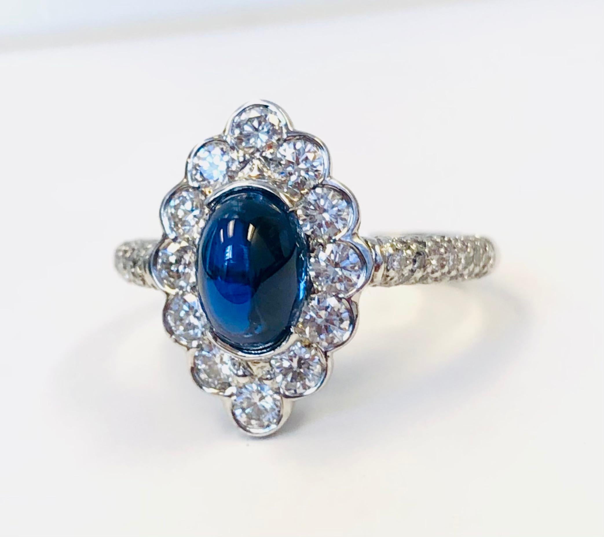 Women's Platinum Diamond and 2.41 Carat Cabochon Sapphire  Ring For Sale