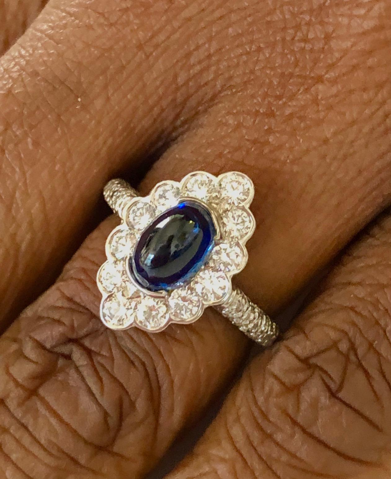 Platinum Diamond and 2.41 Carat Cabochon Sapphire  Ring For Sale 1