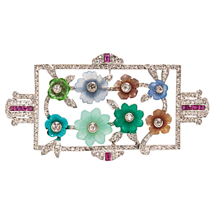 Platinum Diamond and Carved Gemstone Flower Brooch, 1930s