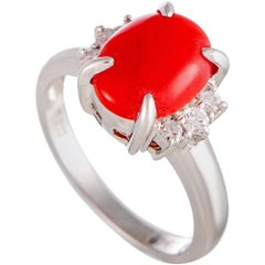 Platinum Diamond and Coral Oval Ring