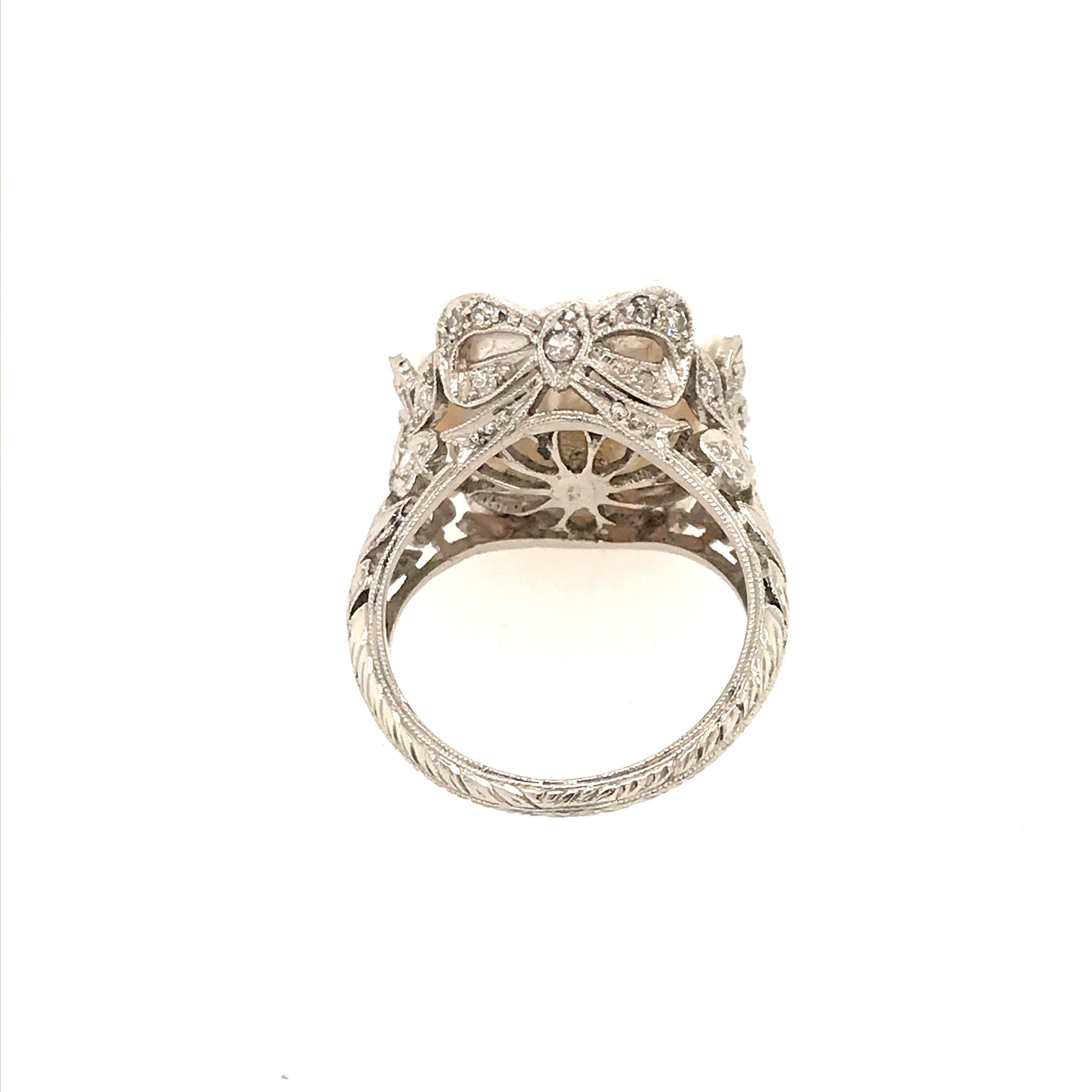 Platinum Diamond and Cultured Pearl Edwardian Floral Motif Ring For Sale 1