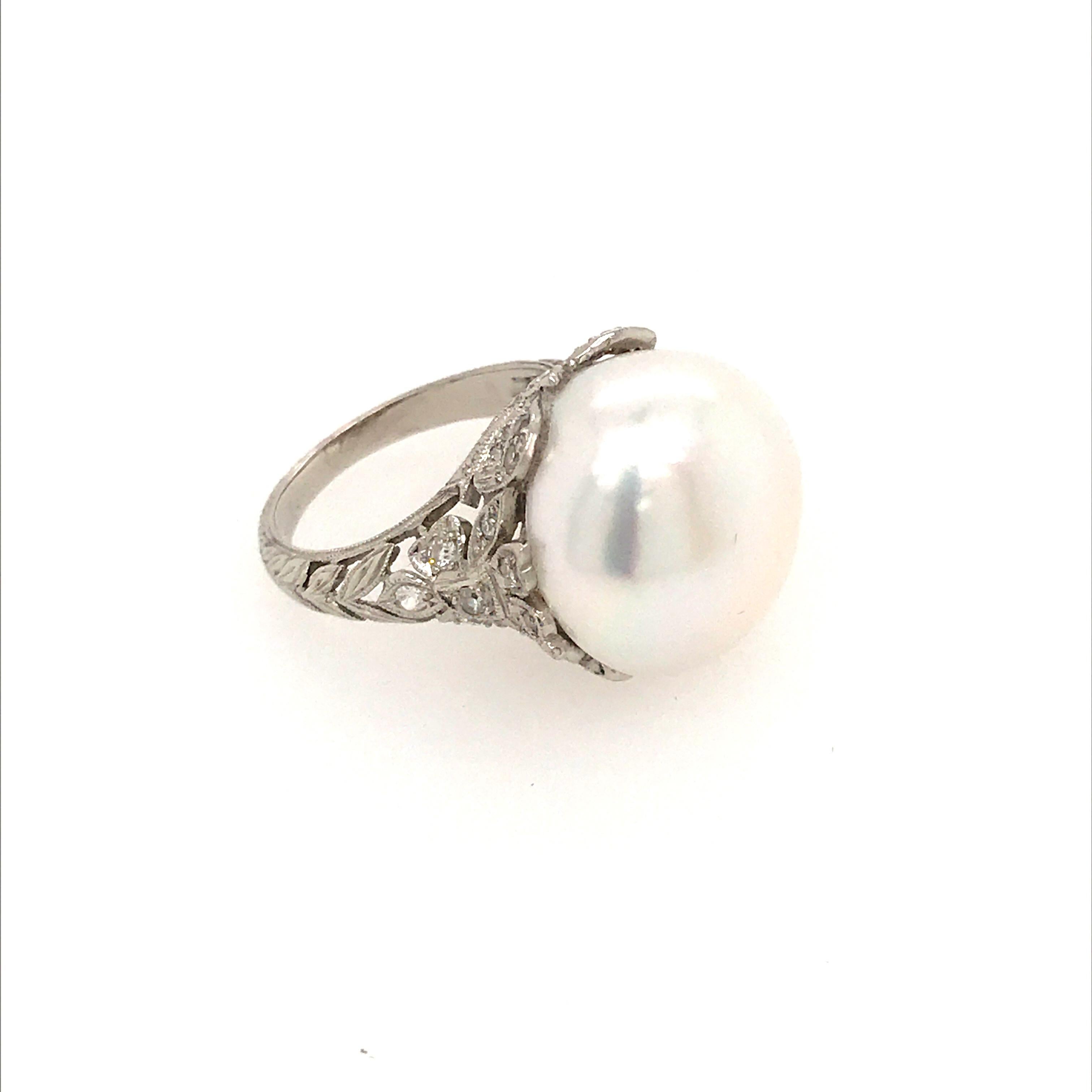 Platinum Diamond and Cultured Pearl Edwardian Floral Motif Ring For Sale 3