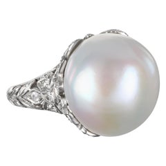 Platinum Diamond and Cultured Pearl Edwardian Floral Motif Ring
