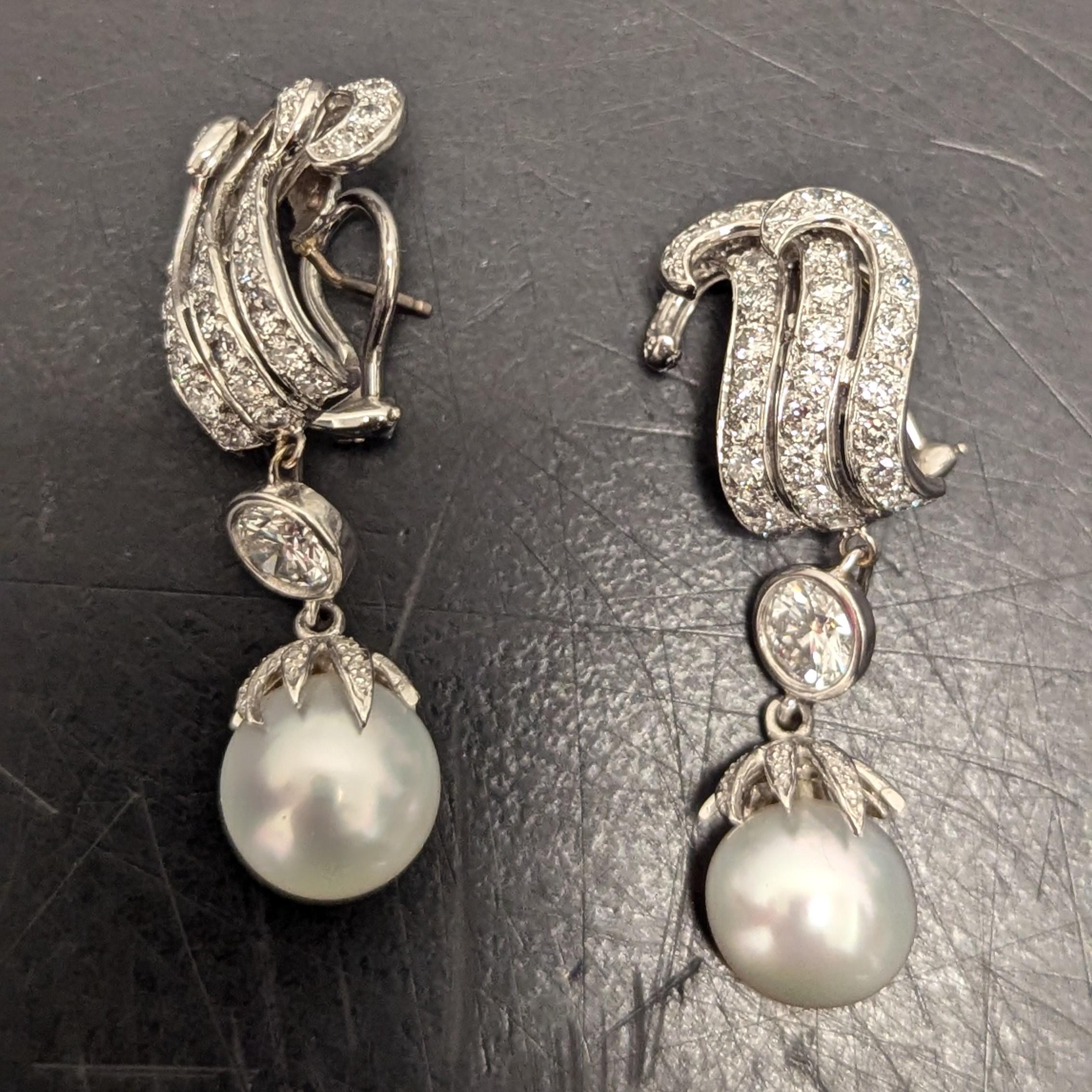 Round Cut Platinum Diamond and Cultured Pearl Pendant Earrings For Sale