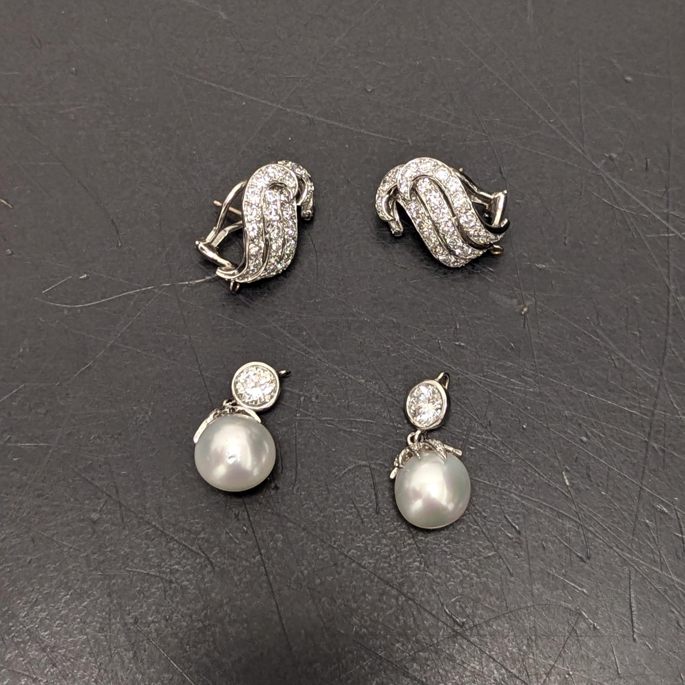 Platinum Diamond and Cultured Pearl Pendant Earrings In Excellent Condition For Sale In New York, NY