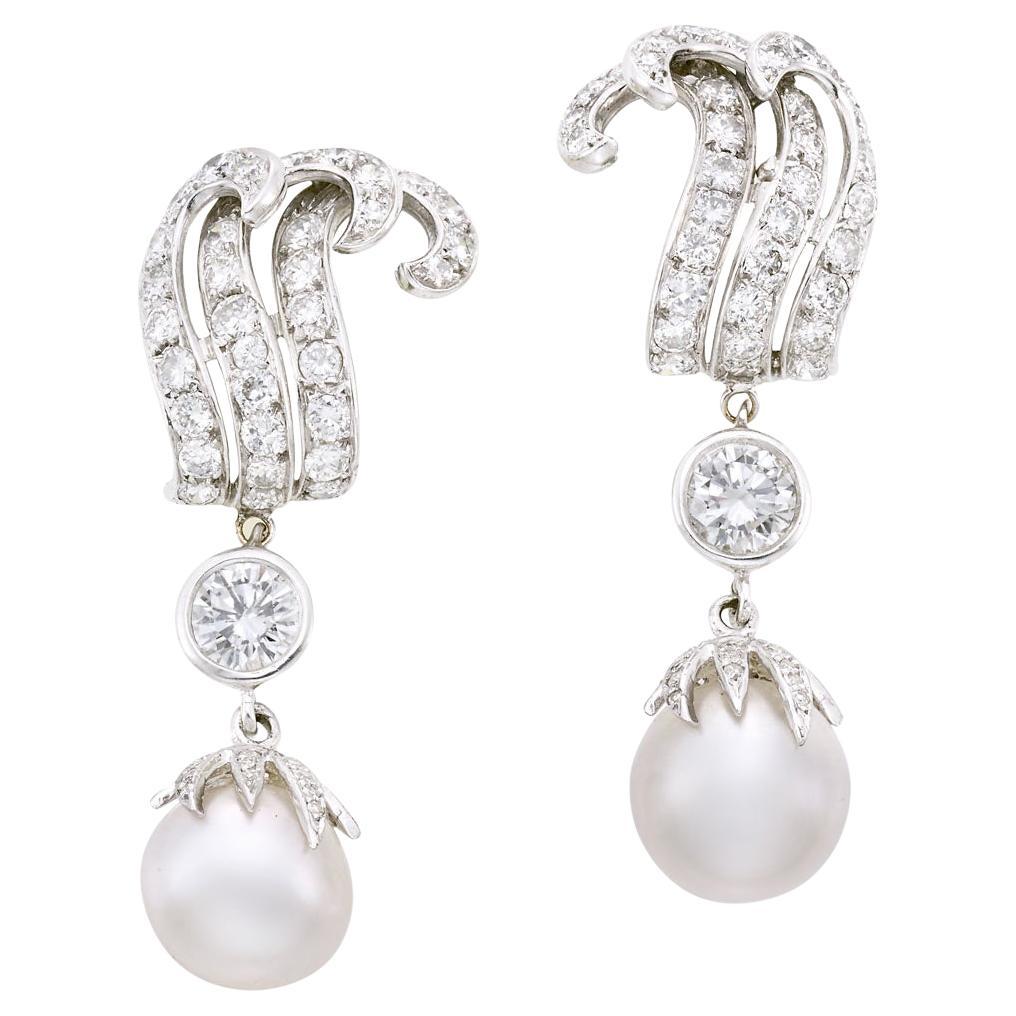 Platinum Diamond and Cultured Pearl Pendant Earrings