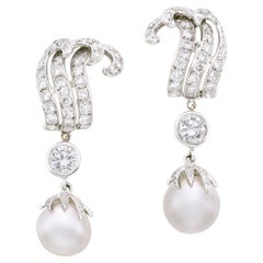 Pendientes Colgantes de Platino, Diamante y Perla Cultivada