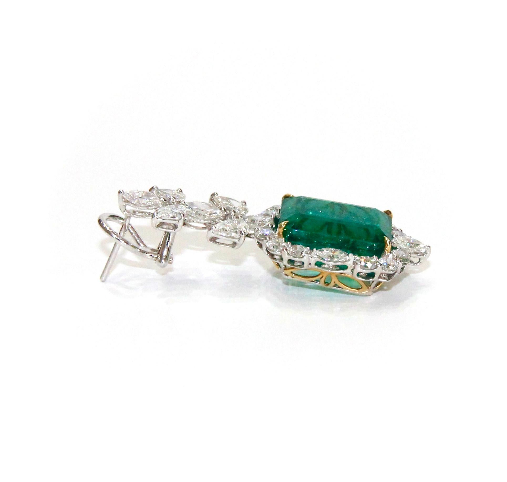 Modern Platinum Diamond and Emerald Drop Earrings