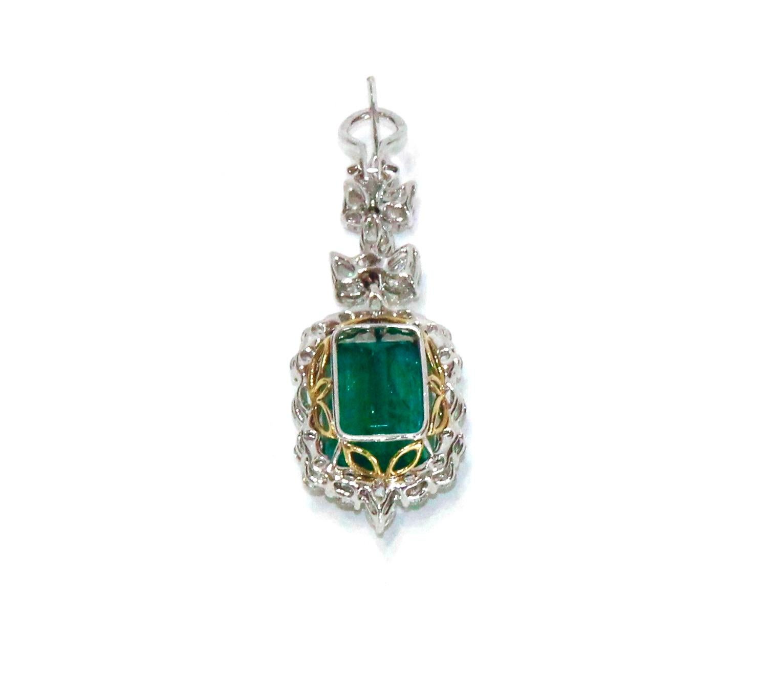 Emerald Cut Platinum Diamond and Emerald Drop Earrings