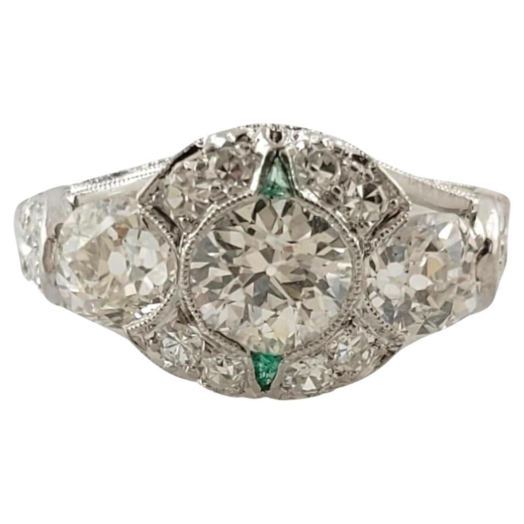 Platinum Diamond and Emerald Engagement Ring Size 7 #16967 For Sale