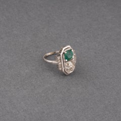 Platinum Diamond and Emerald French Art Deco Ring