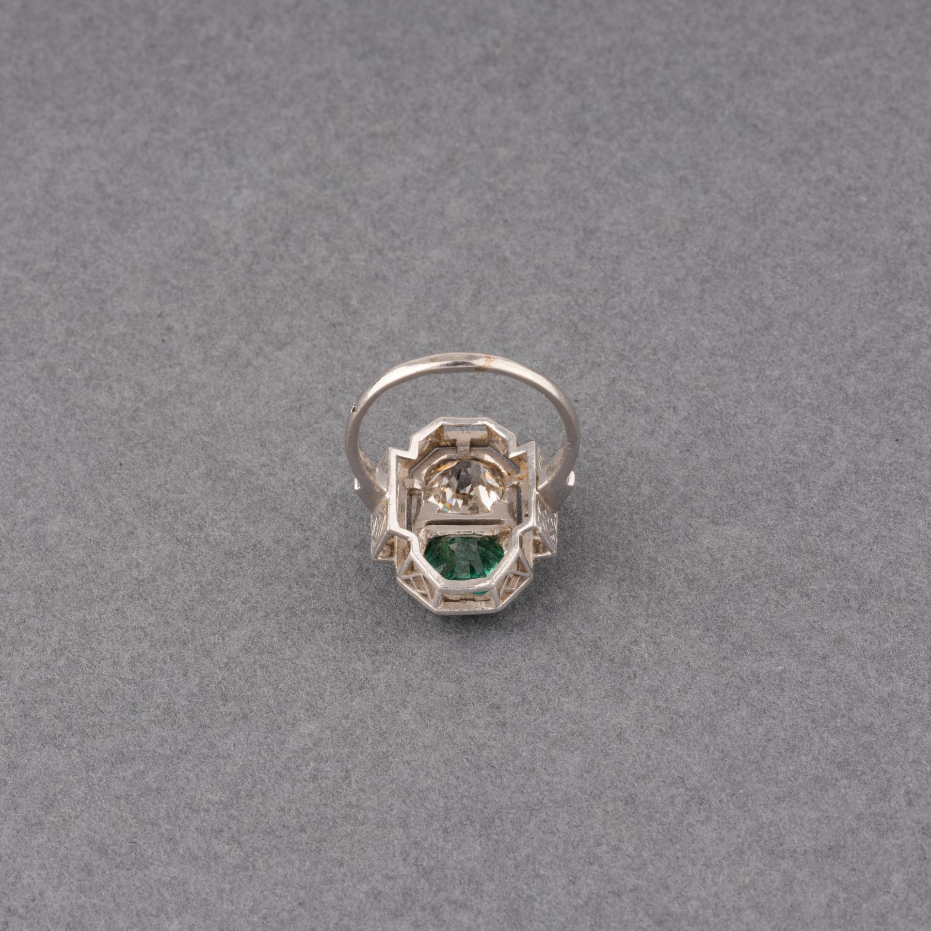 Old European Cut Platinum Diamond and Emerald French Art Deco Ring For Sale