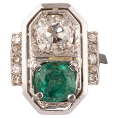 Antique Platinum Diamond and Emerald French Art Deco Ring