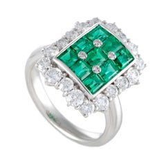 Platinum Diamond and Emerald Invisible Setting Rectangle Ring