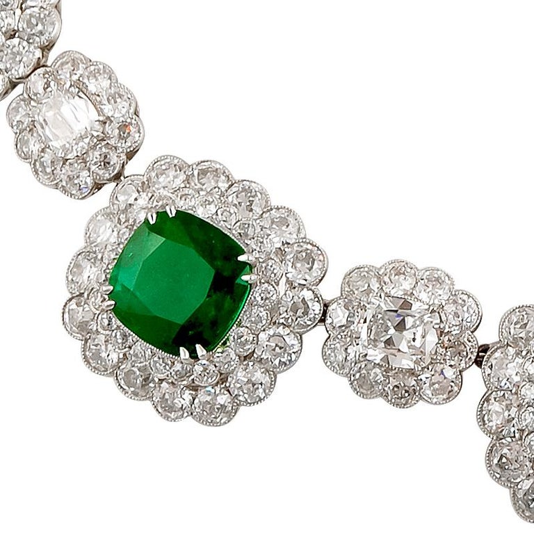 Emerald Cut Magnificent Emerald Diamond Cluster Necklace For Sale